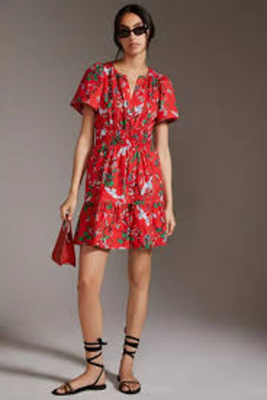 Anthropologie Somerset Dress XL Red Floral Bird Print Short Sleeve Mini Dress